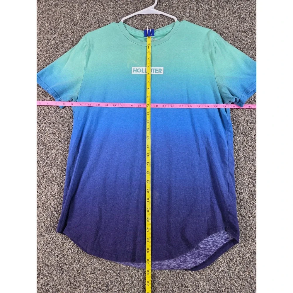 Hollister Mens Large Ombre Gradient T Shirt Blue Teal Logo Graphic Short Sleeve - Picture 10 of 11